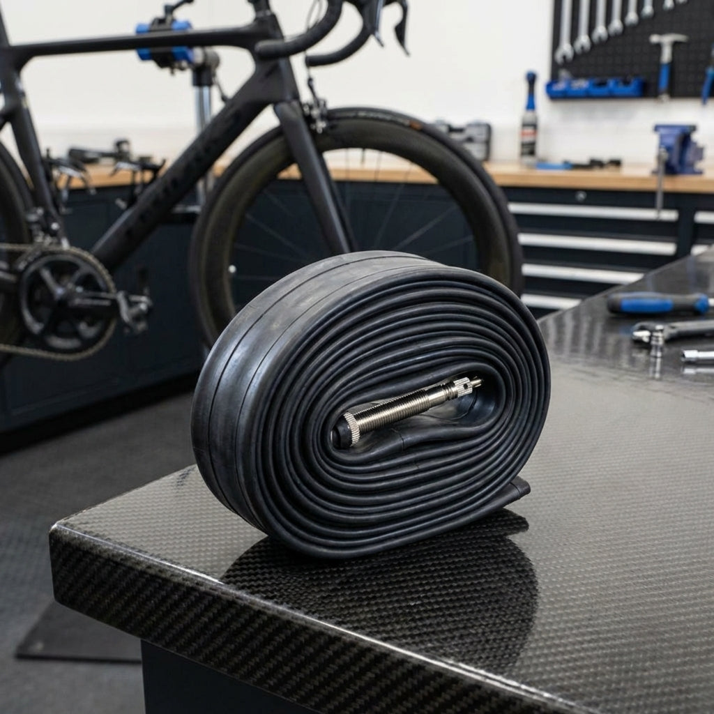 Continental Rennradschlauch S60 mit 60mm SV Ventil gerollt auf einer Werkbank in einer Fahrradwerkstatt.