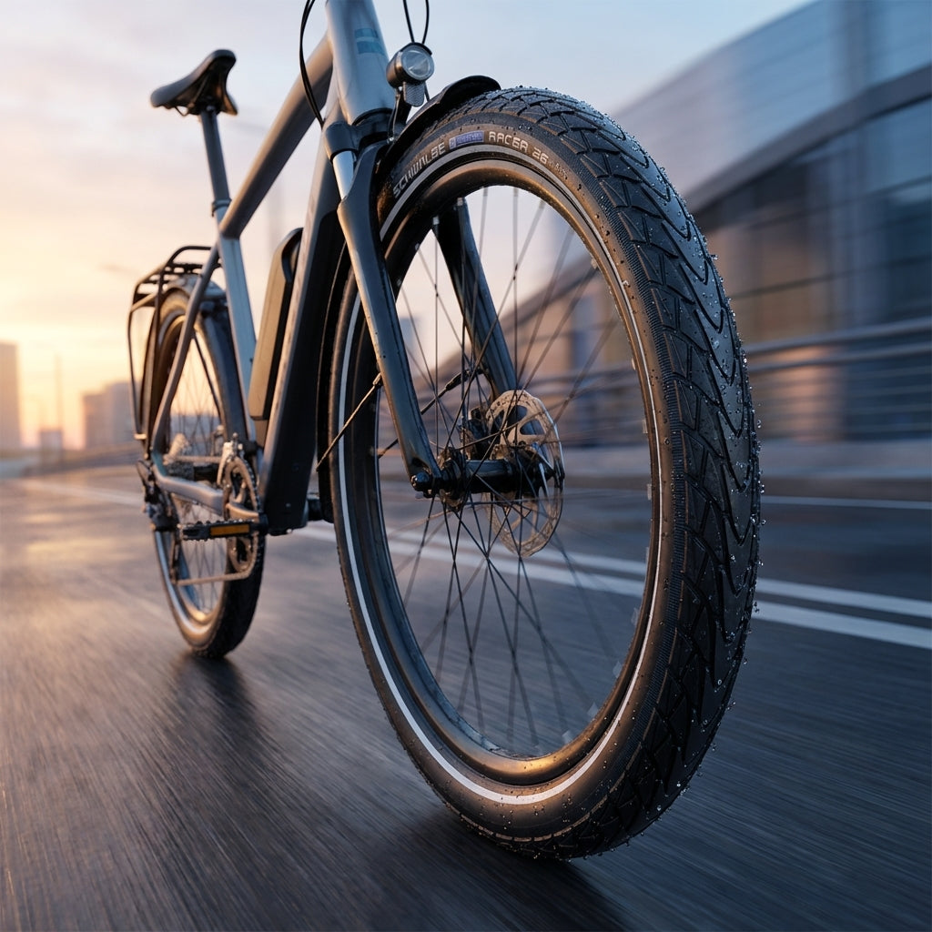 Schwalbe Marathon Racer 26x1.50 E-25 ADDIX Performance Line Reifen am E-Bike auf nasser Straße.