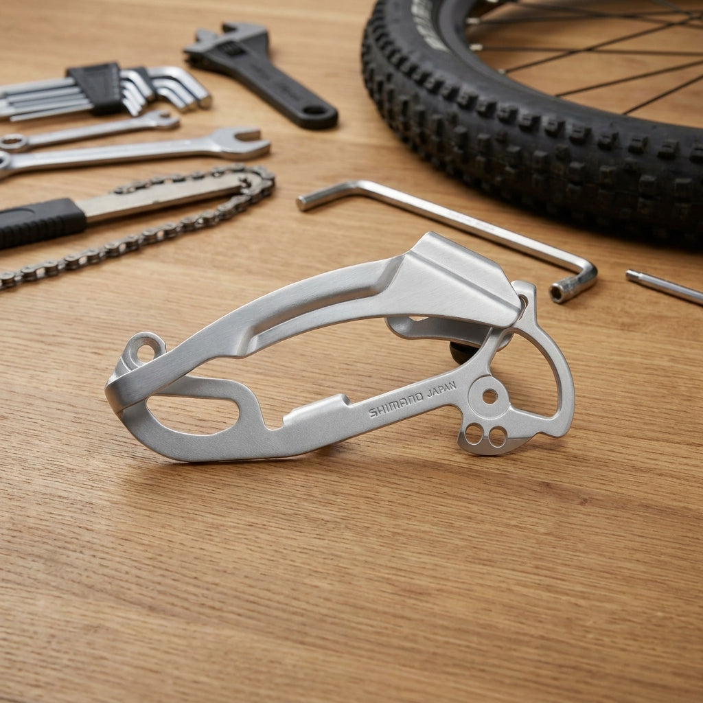 Silbernes SHIMANO Kettenleitblech RD-M772 SGS auf Holztisch mit Fahrradwerkzeug und Reifen.