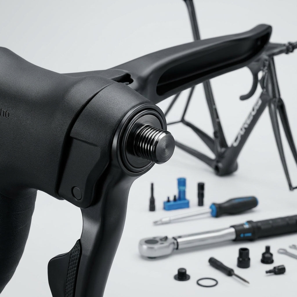 SHIMANO ST-R9120 Entlüftungsschraube für Rennrad-Bremse, Nahaufnahme mit Werkzeug und Fahrradrahmen.