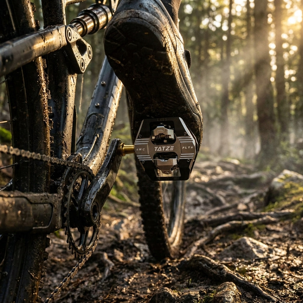 Tatze MC-FLY Titan SPD MTB Pedal. Hochleistungs-Mountainbike-Pedal mit 55mm Q-Faktor für extreme Trails und Präzision.
