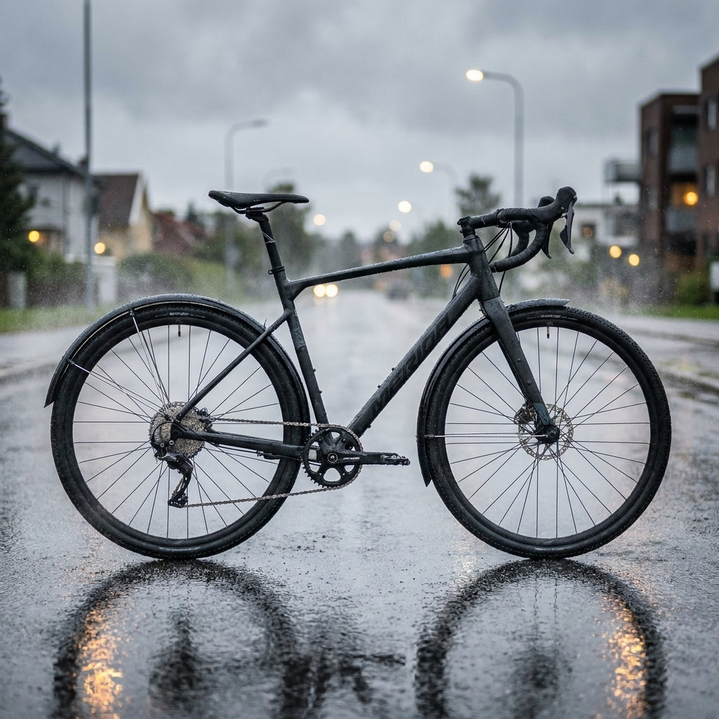 Schwarzes Merida Fahrrad mit montiertem Schutzblech-Set im Regen auf nasser Straße. Zuverlässiger Spritzschutz.