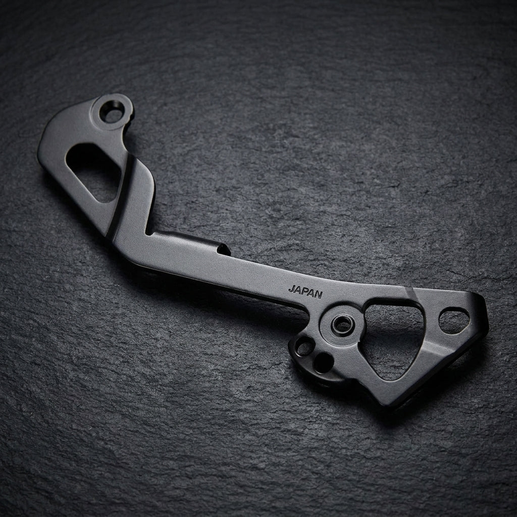 Schwarzes SHIMANO Kettenleitblech RD-M780/M675 SGS-Type Ersatzteil für Fahrradschaltung auf dunklem Untergrund.