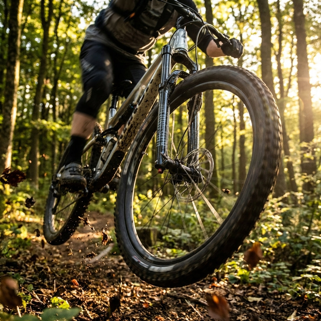 RockShox Gabel-Standrohr+Brücke CSU 35 DebonAir27.5 Boost an Mountainbike in Aktion auf Trail
