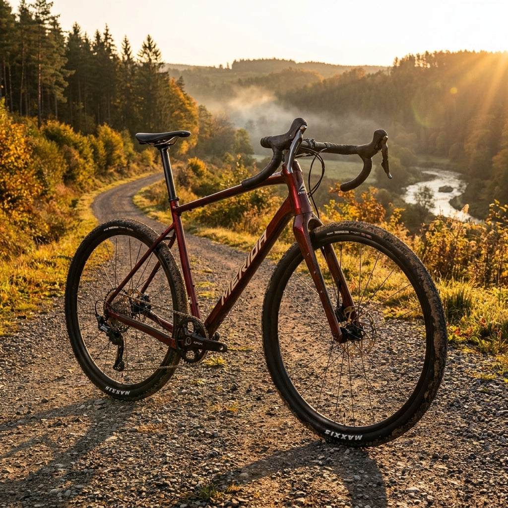 MERIDA SILEX 700 Gravelbike in Wildberry auf herbstlichem Schotterweg. Flusslandschaft im Sonnenlicht.