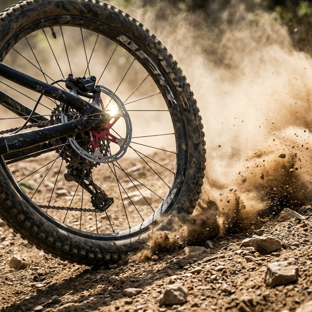 MTB Hinterrad mit Hope Scheibenbremse, roter Nabe, wirbelt Staub auf. Scheibenbremsbelag Sinter 016 organisch MTB Standard.