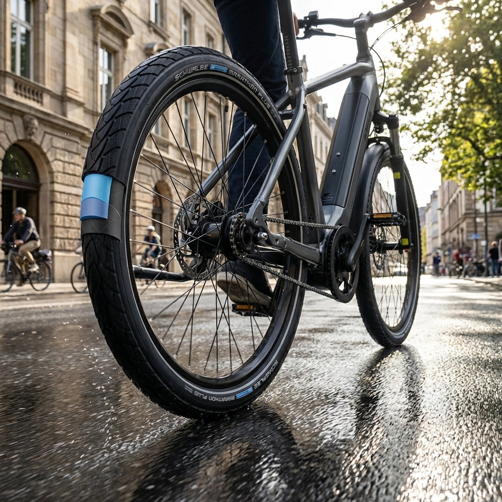 Schwalbe Marathon Plus E-Bike Reifen 26x1.50 ADDIX SmartGuard auf nasser Straße mit Reflexion.