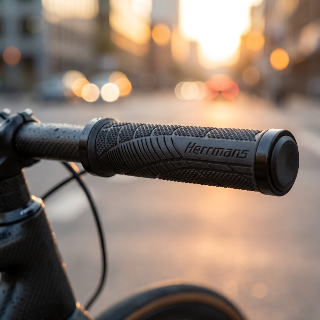 Schwarze Herrmans Shark Lock Lenkergriffe 130mm an einem Fahrradlenker bei Sonnenuntergang in der Stadt.