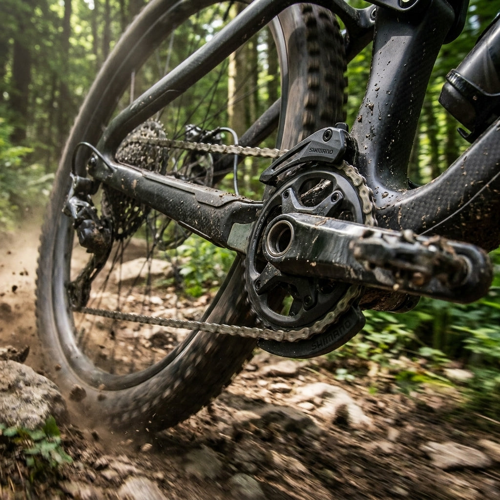 SHIMANO SM-CD800 DM Kettenführung am MTB-Antrieb in Aktion auf schlammigem Waldweg.