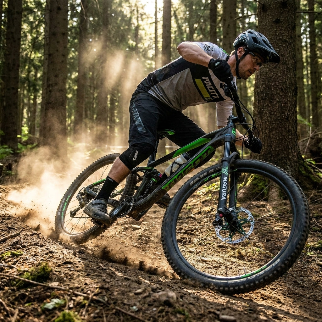 Scheibenbremsbelag Sinter 009 Magura organisch MTB Race grün am Mountainbike in Aktion im Wald.
