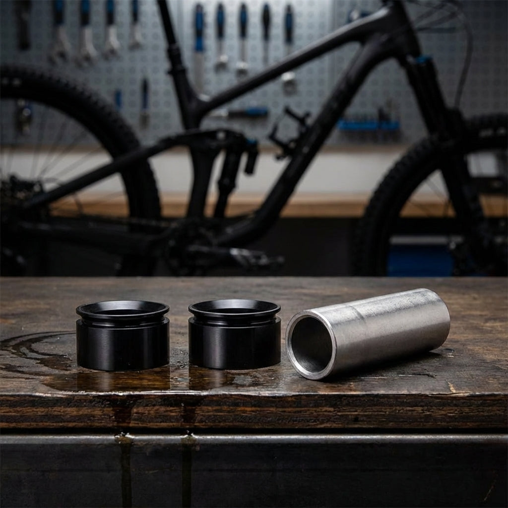RockShox 3-teilige Dämpferbefestigung 1/2"10x33.5 Standard auf Werkbank vor Mountainbike