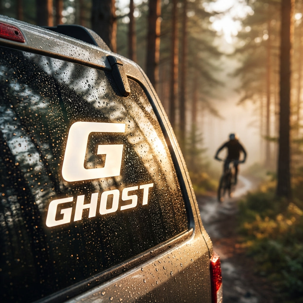 GHOST Fensteraufkleber für Fahrrad und Auto. Hochwertiger, wetterfester Marken-Sticker mit Original GHOST Logo für echte Fans.