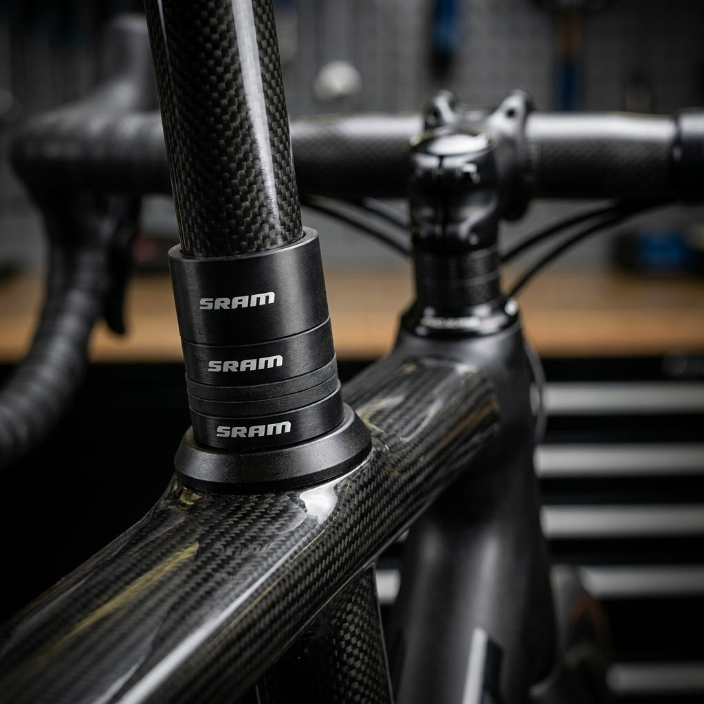 SRAM Carbon Spacer Set schwarz-weiß zur präzisen Einstellung der Fahrrad Lenkerhöhe. Leicht & elegant.