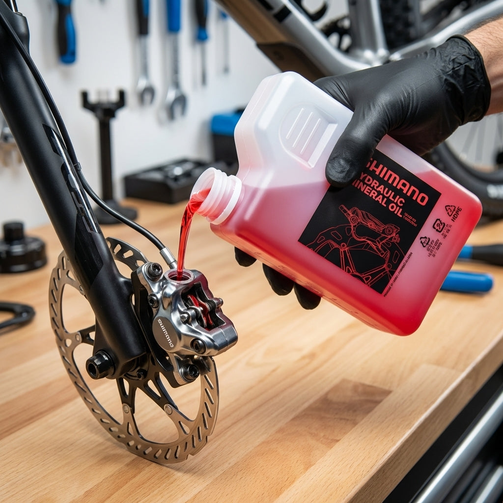 Shimano Original Hydraulik-Mineralöl wird in eine Fahrrad-Scheibenbremse eingefüllt.