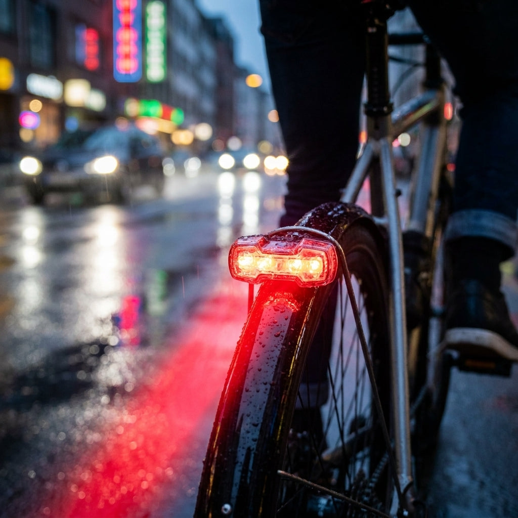 Busch+Müller Toplight Flat S Plus Dynamo-Rücklicht LED StVZO, leuchtend am Fahrrad im Regen.