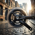 Hebie Kettenschutzring 325 transparent montiert auf Shimano Kurbelgarnitur vor urbanem Hintergrund.