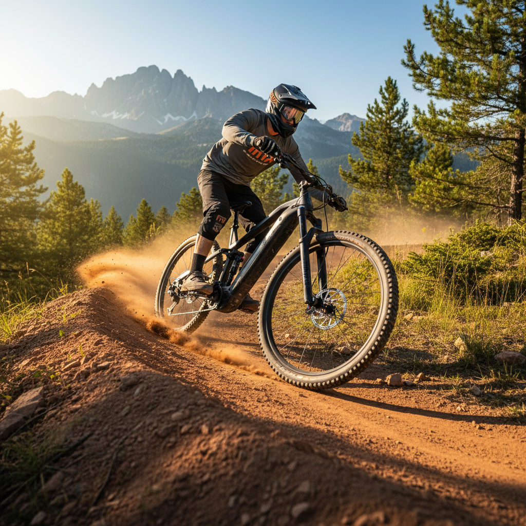 Haibike ALLMTN 2 E-Mountainbike schwarz dynamisch auf staubigem Trail mit Bergpanorama.