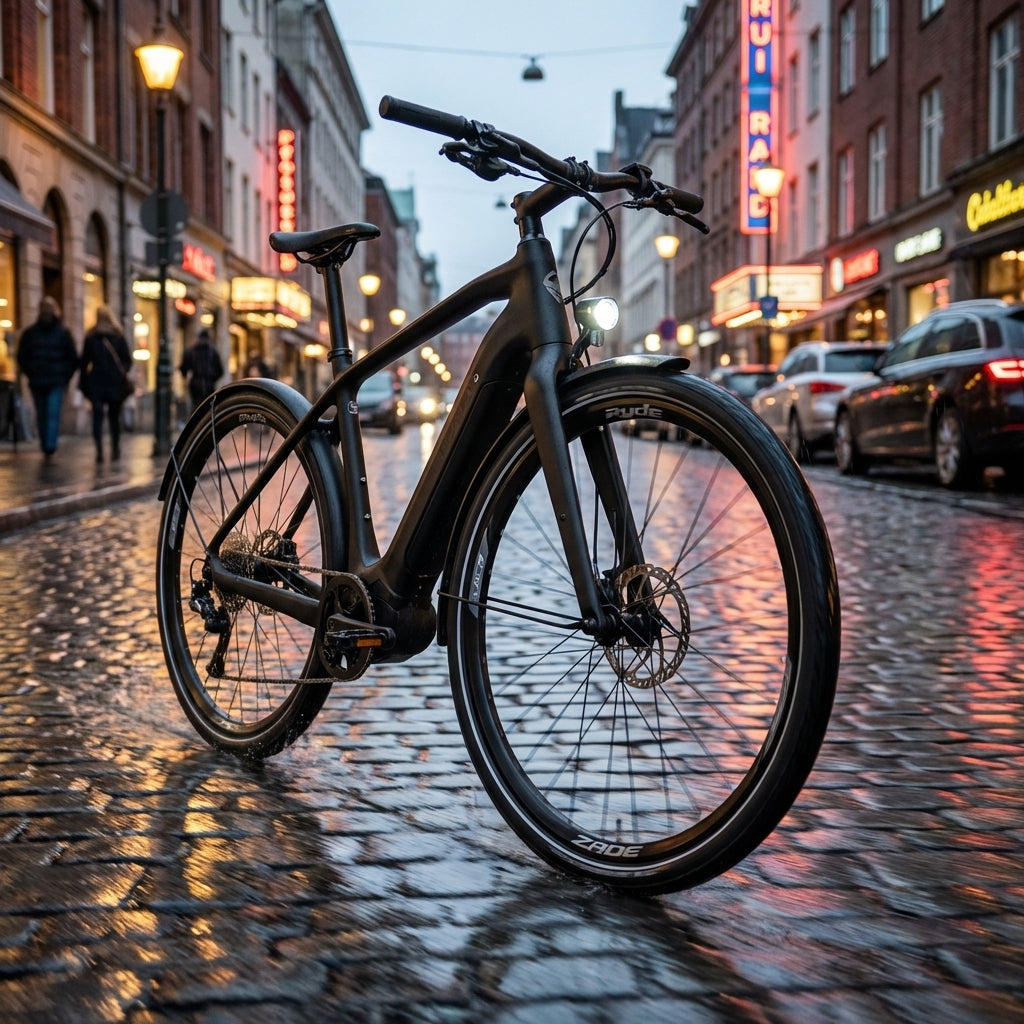 Schwarze Ryde Felge ZAC 19 an einem modernen E-Bike auf nasser Kopfsteinpflasterstraße in der Stadt.