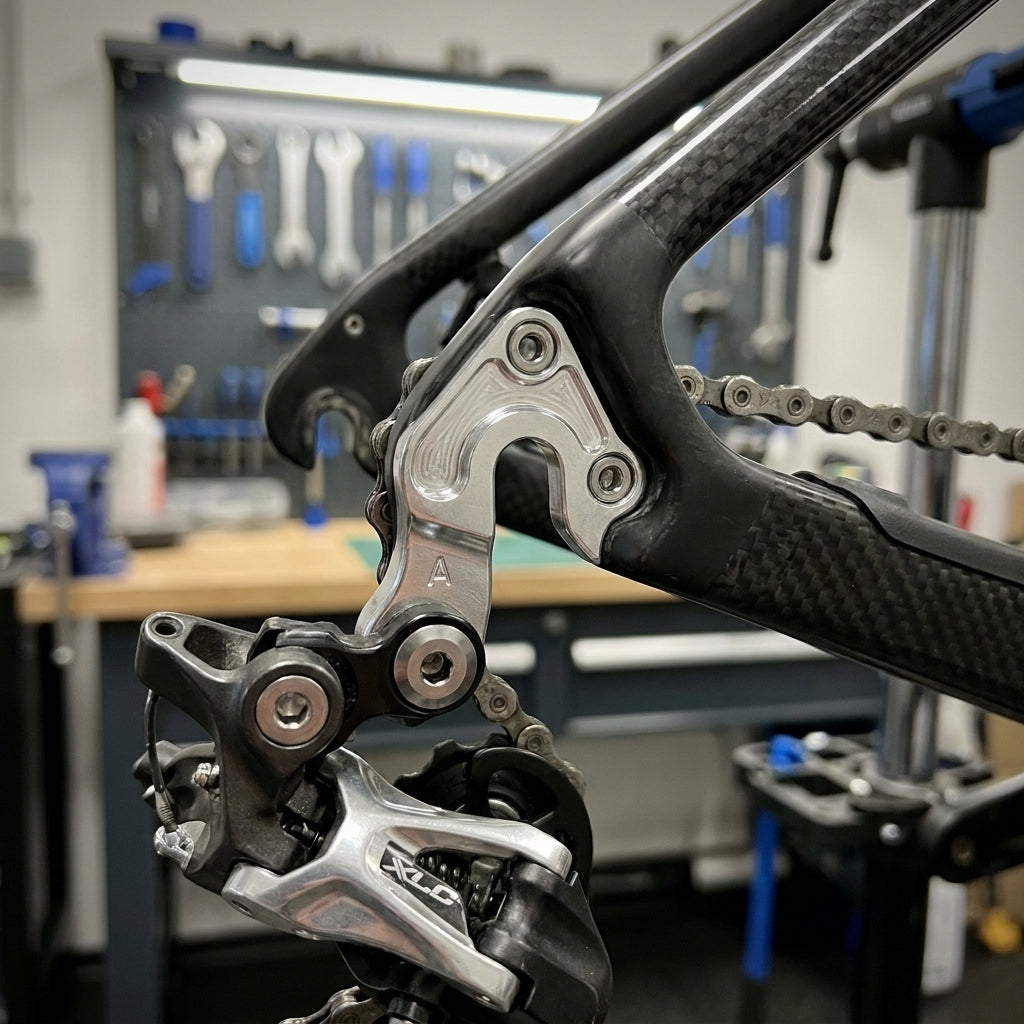 XLC Schaltauge DO-A06 Aluminium an schwarzem Carbon-Fahrradrahmen mit montiertem Schaltwerk.