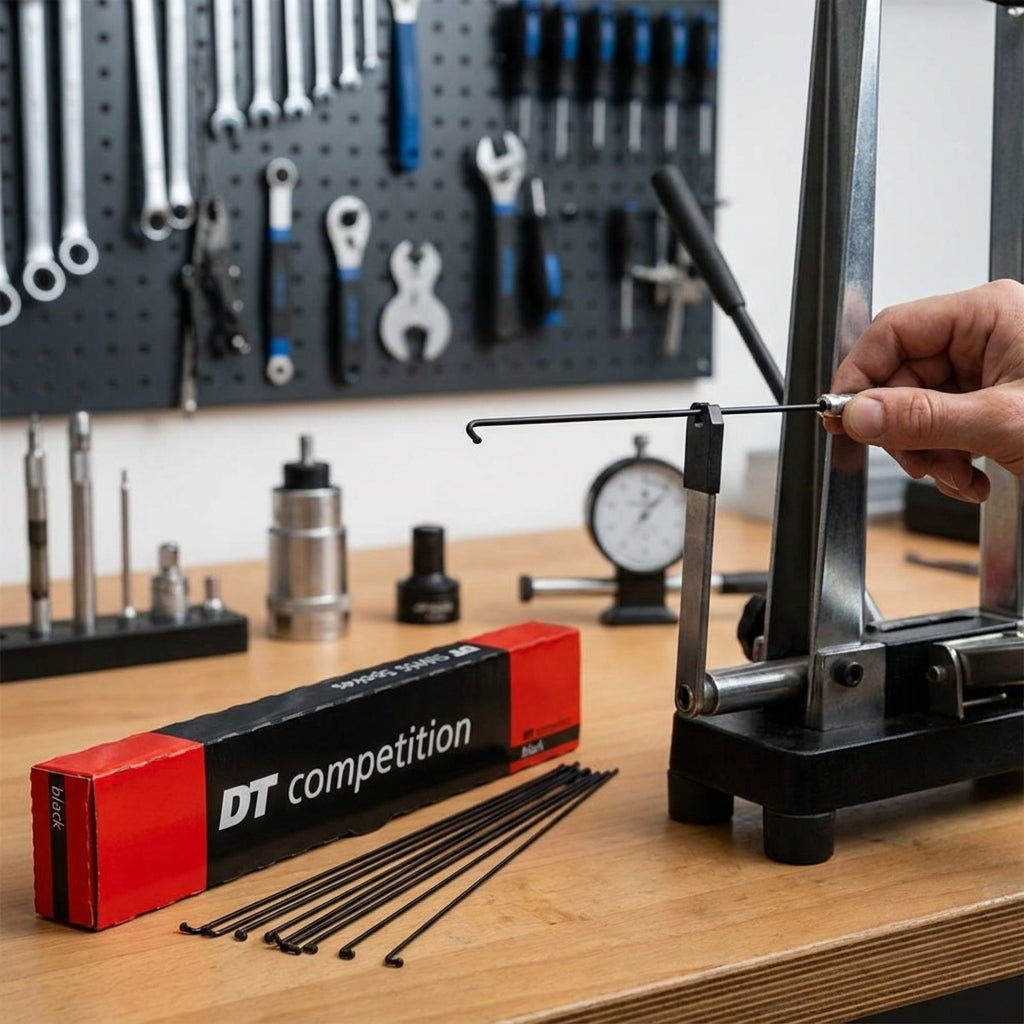 DT SWISS Competition J-Bend Speichen schwarz, Hand beim Radbau am Spannungsprüfer in Werkstatt.