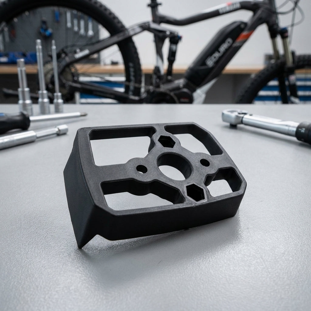 Yamaha Angle Shimano +9,75 2015 Akku-Montagewinkel auf Werkbank vor E-Bike und Werkzeug.