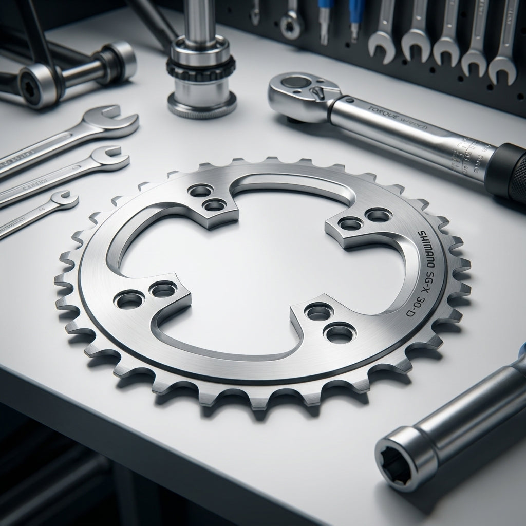 SHIMANO ULTEGRA FC-6703 30Z Silber Kettenblatt für Dreifach-Kurbeln auf Werkbank mit Fahrradwerkzeug und Drehmomentschlüssel.