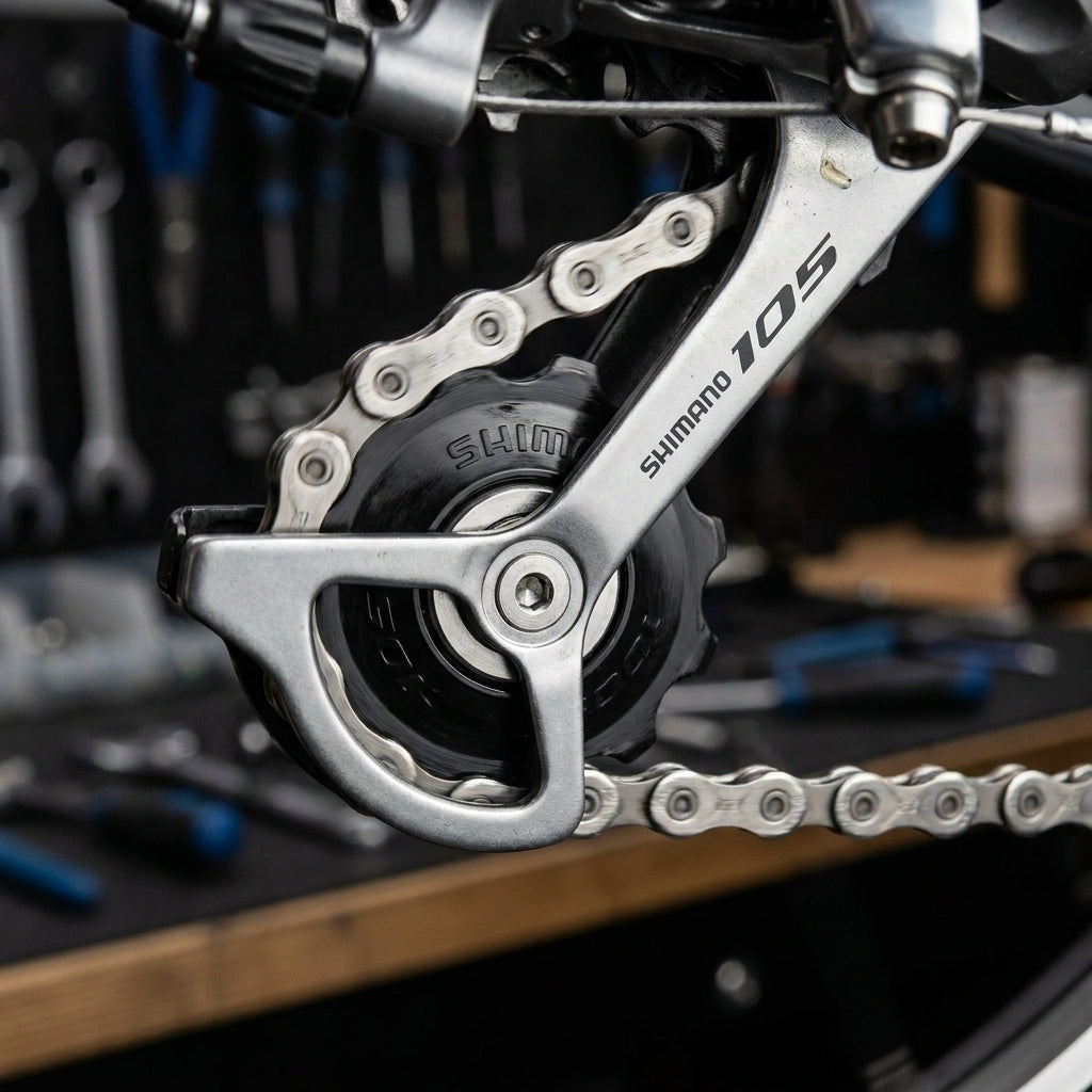 SHIMANO 105 5800 Schaltrollensatz: Detailaufnahme der Ersatz-Schaltrollen am Fahrrad-Schaltwerk mit Kette.