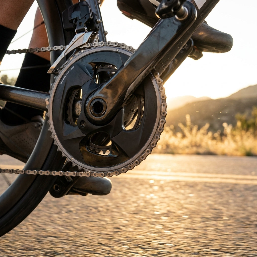 SRAM Force AXS 48T 12-fach Kettenblatt am Rennrad bei Sonnenuntergang für effiziente Schaltperformance.