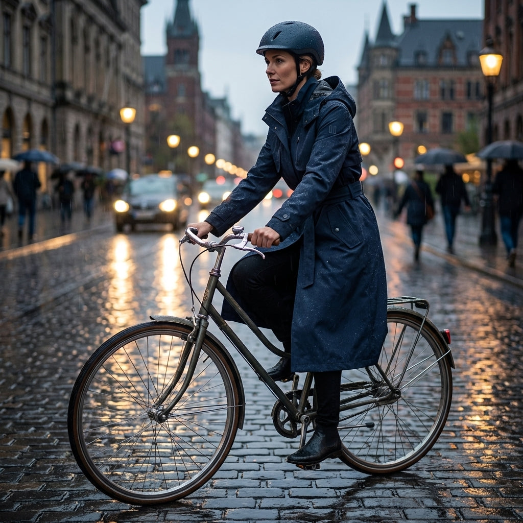 Frau trägt Basil Mosse Damen Regentrenchcoat night blue XL beim Radfahren im Regen auf Kopfsteinpflaster.