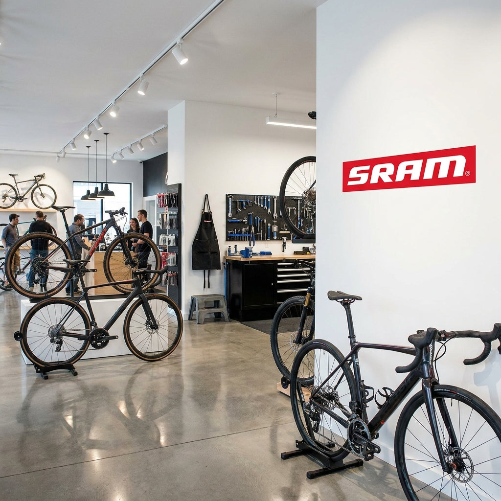 Sram Aufkleber rot weiß für Fahrrad Shopwand, rechts. Hochwertige Ladendekoration für Bike Shops. Markenpräsentation.