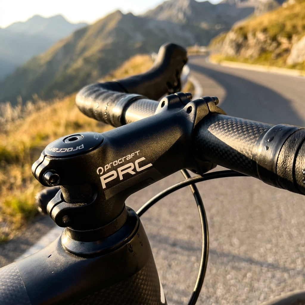 Procraft PRC ST2 Vorbau 17° 90mm 31,8mm schwarz matt am Rennrad in den Bergen.