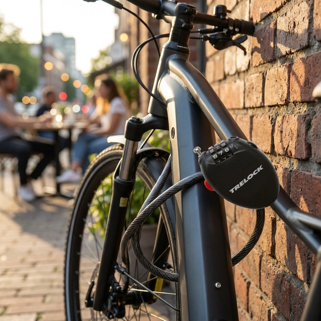 Kompaktes Trelock Kabelschloss RK 75 Pocket 75 sichert dunkles Fahrrad an Ziegelwand in der Stadt.