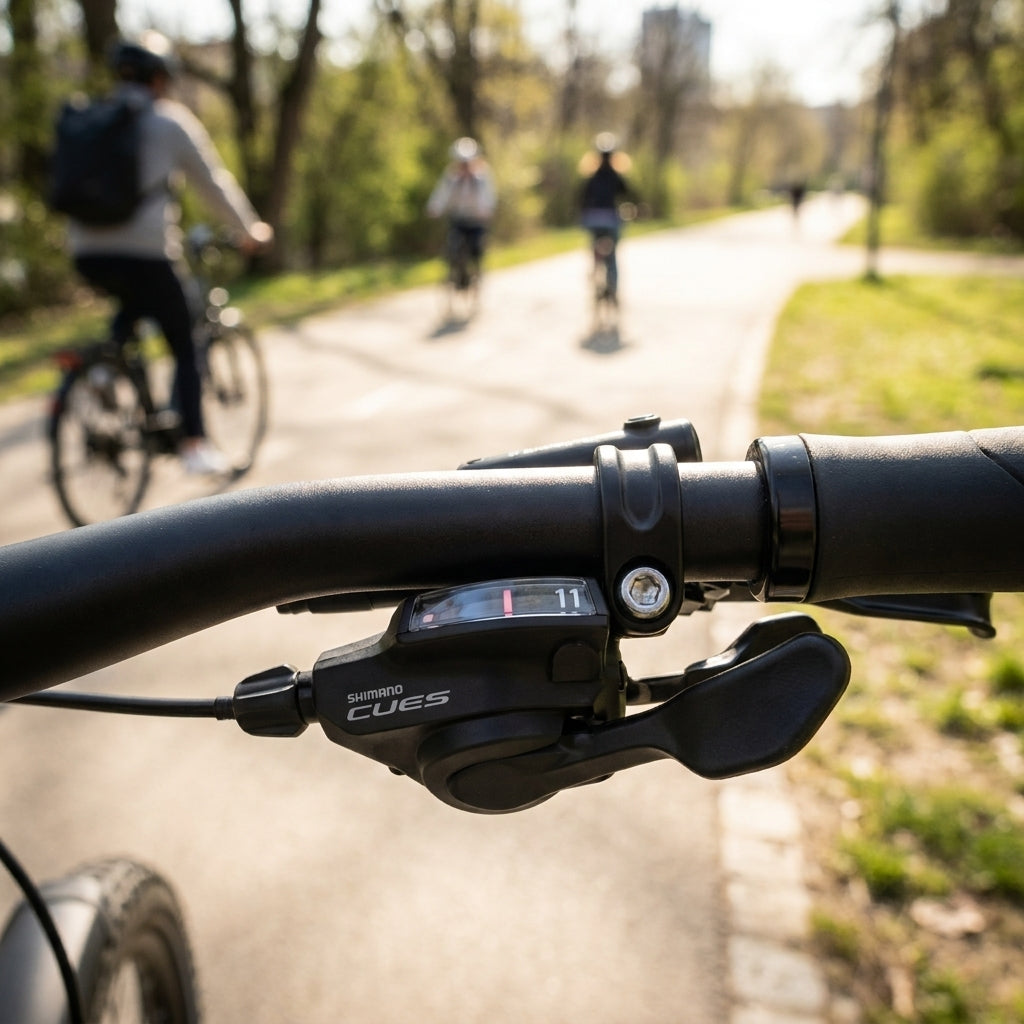 SHIMANO CUES SL-U6000 11-fach Schalthebel am Fahrradlenker, mit Radfahrern auf sonnigem Weg im Hintergrund.
