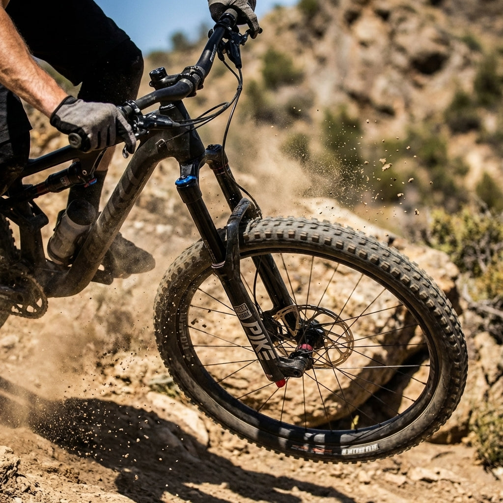 Mountainbike mit RockShox Pike Federgabel im Einsatz auf staubigem Offroad-Trail.