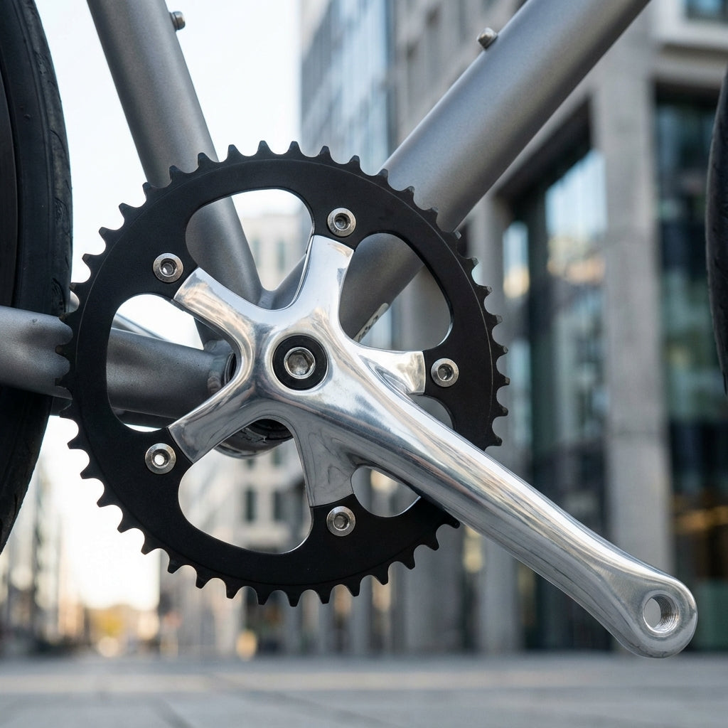 M-WAVE Single Speed Kurbelgarnitur: polierte Alu-Kurbel, schwarzes 46Z Kettenblatt am Fahrrad.