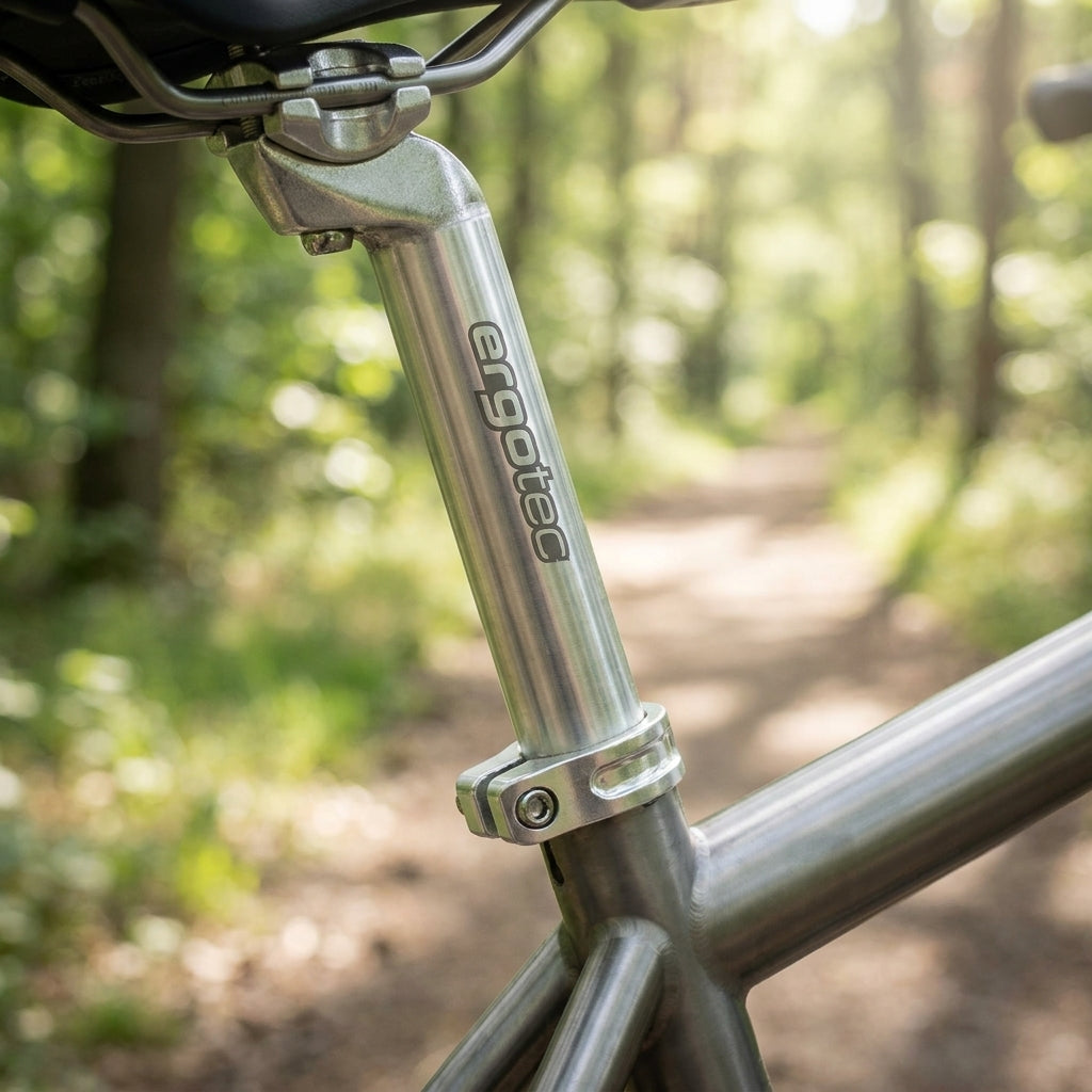 Ergotec Patentsattelstütze Alu Ø 25,4mm, 350mm, silber am Fahrrad auf Waldweg