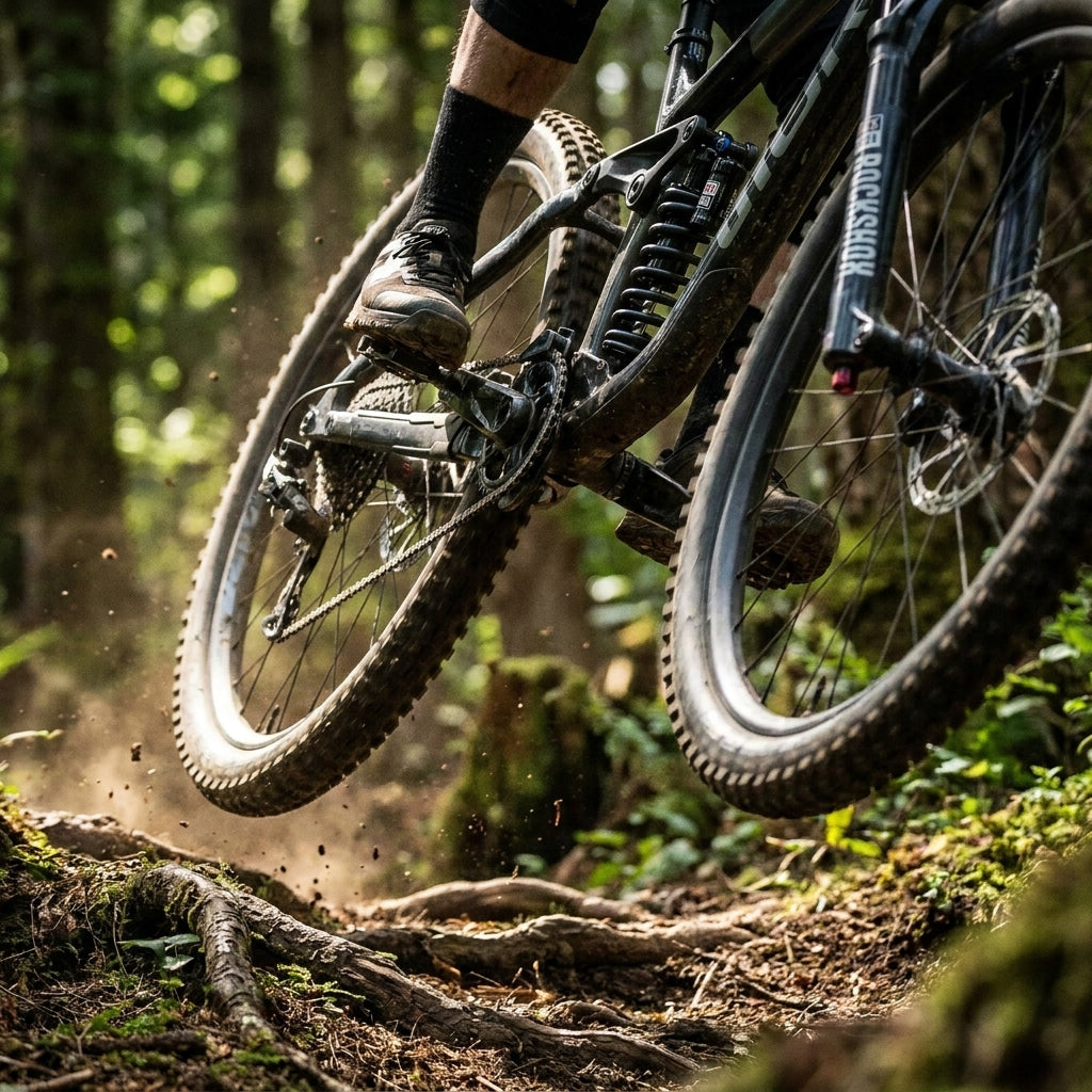 RockShox Feder Metric Coil 650LB im Mountainbike beim Sprung auf schmutzigem Waldtrail.