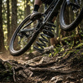 FOX Super Light Stahlfeder MTB 72 am Mountainbike-Dämpfer in Aktion auf Wurzelweg im Wald.
