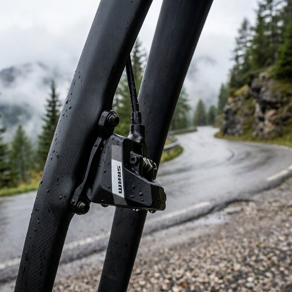 SRAM Bremse DB S300 vorne Flat-Mount. Kraftvolle, präzise Kontrolle am Lenker im Regen auf Bergstraße.