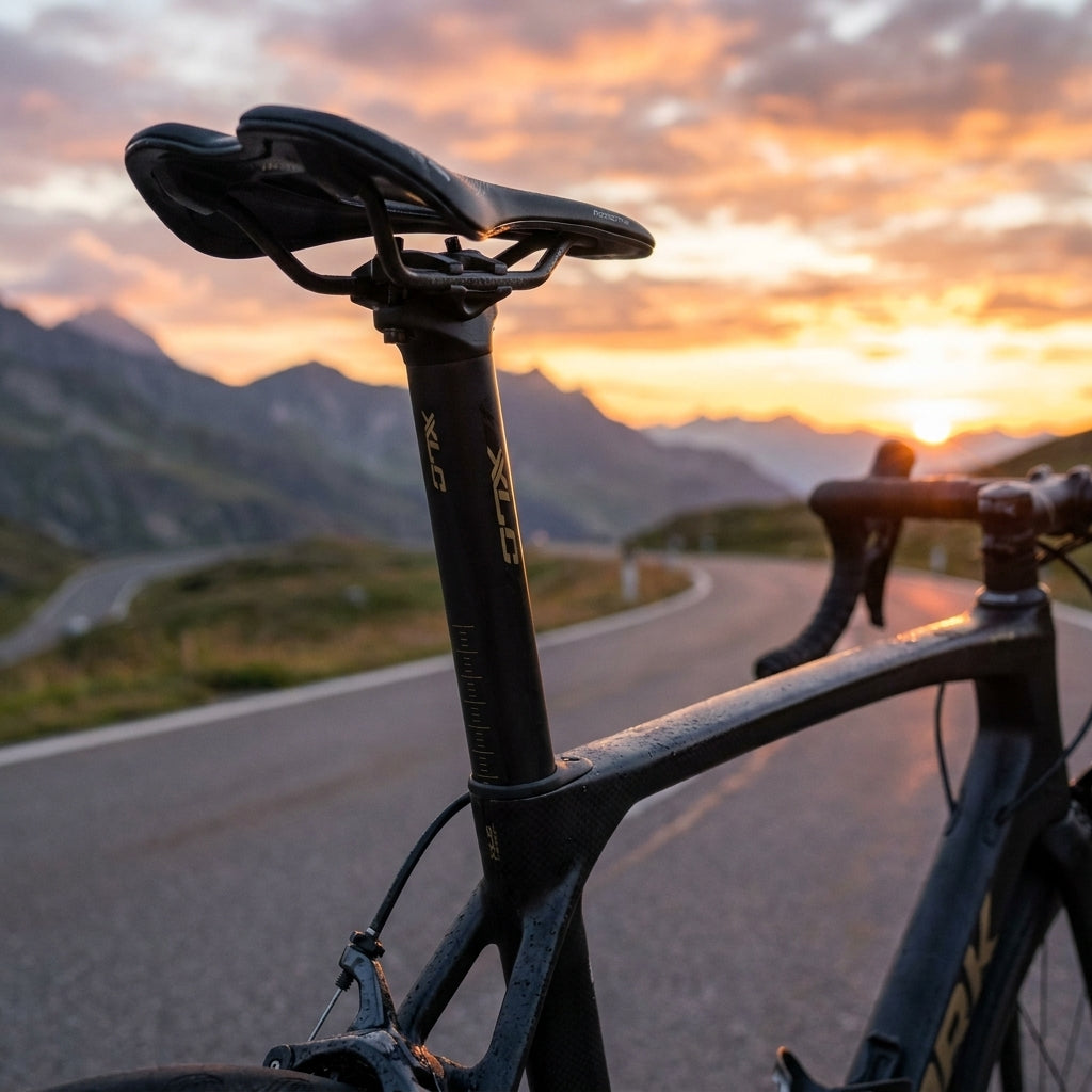 XLC Raceby Carbon Sattelstütze schwarz am Rennrad mit Bergstraße und Sonnenuntergang.
