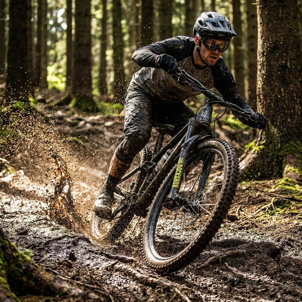 Rockshox VR-Steckblech Fender schwarz gelb am Mountainbike im Matsch spritzend.