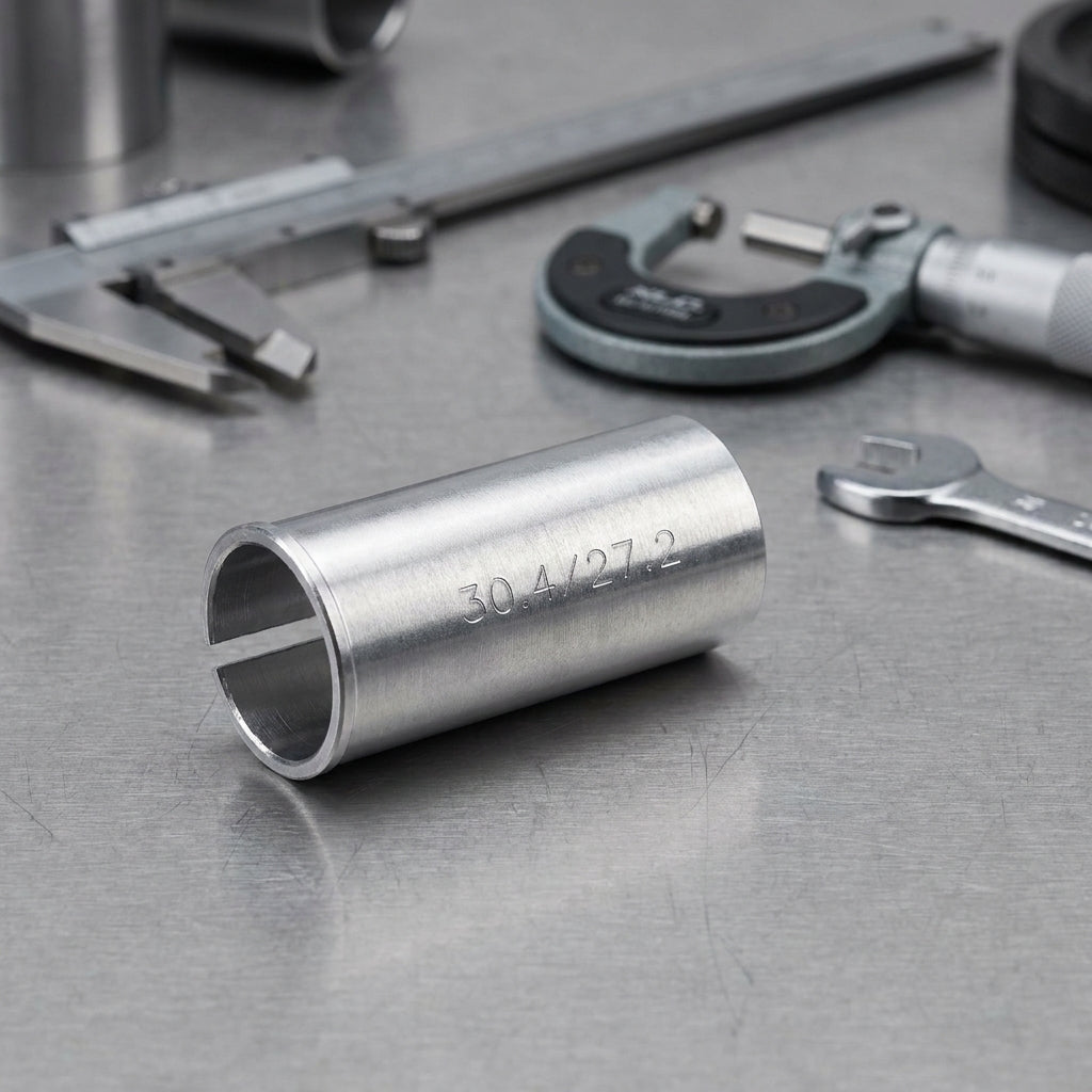 XLC Kalibrierbuchse SP-X20 Ø30.4/27.2mm für Sattelstütze, mit Messwerkzeugen auf gebürstetem Metall.