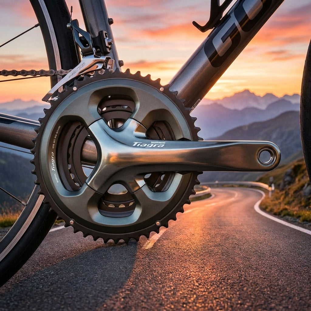SHIMANO Kurbelgarnitur TIAGRA FC-4703 10-fach, 175 mm, 50-39-30 Zähne, grau, am Rennrad auf Bergstraße bei Sonnenuntergang.