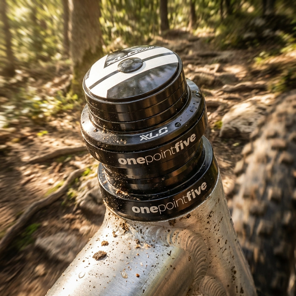 XLC Comp A-Head-Steuersatz HS-A09 1,5 Zoll (onepointfive) schwarz am schmutzigen Mountainbike im Wald.