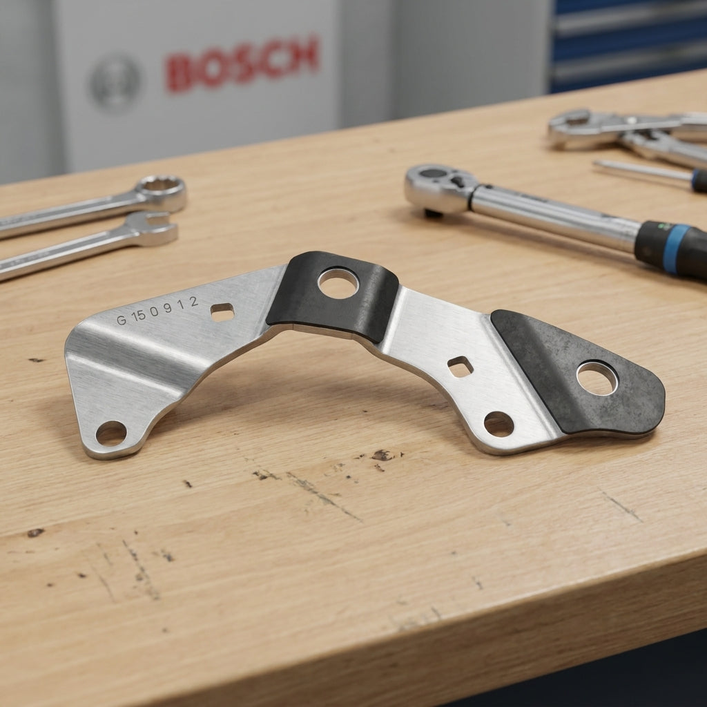 Bosch Montageplatte 2016 mit Dämpffolie für Active und Performance Line E-Bikes auf Holztisch.