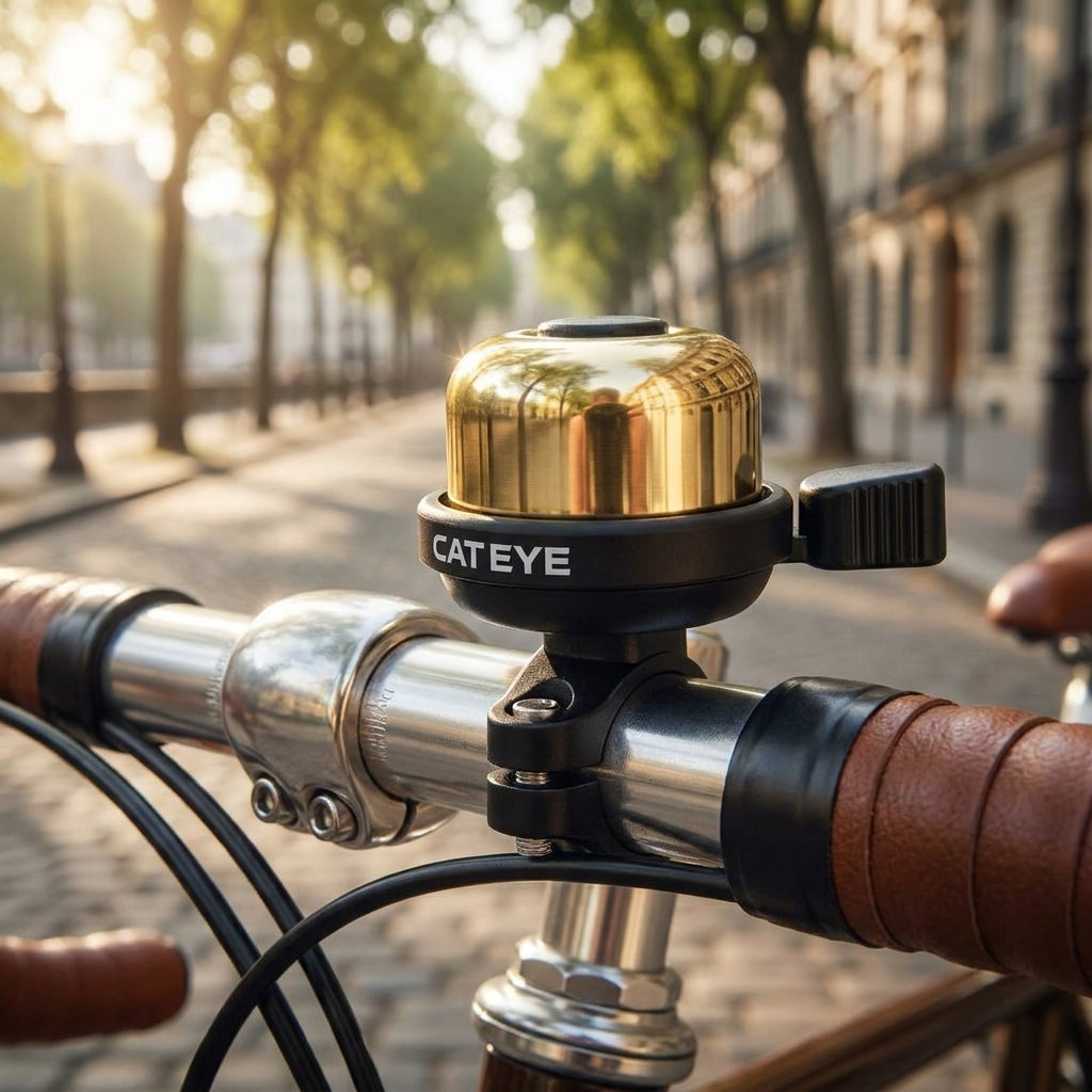 CATEYE Wind Bell PB-1000 goldene Fahrradklingel am Lenker, edel im Design und mit warmem Klang.