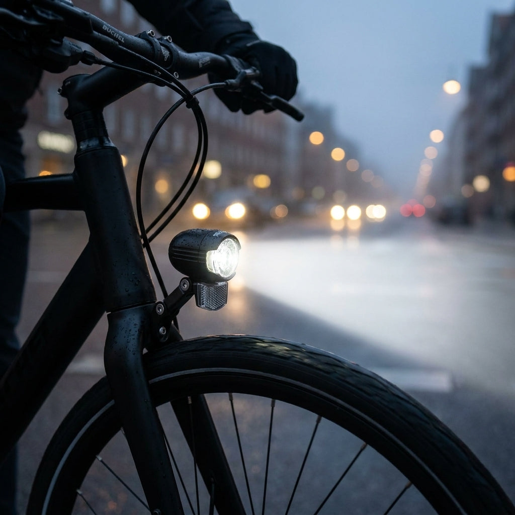 Büchel Scheinwerfer Shiny 40 Dynamobeleuchtung 40 Lux am Fahrrad beleuchtet nasse Straße bei Dämmerung.