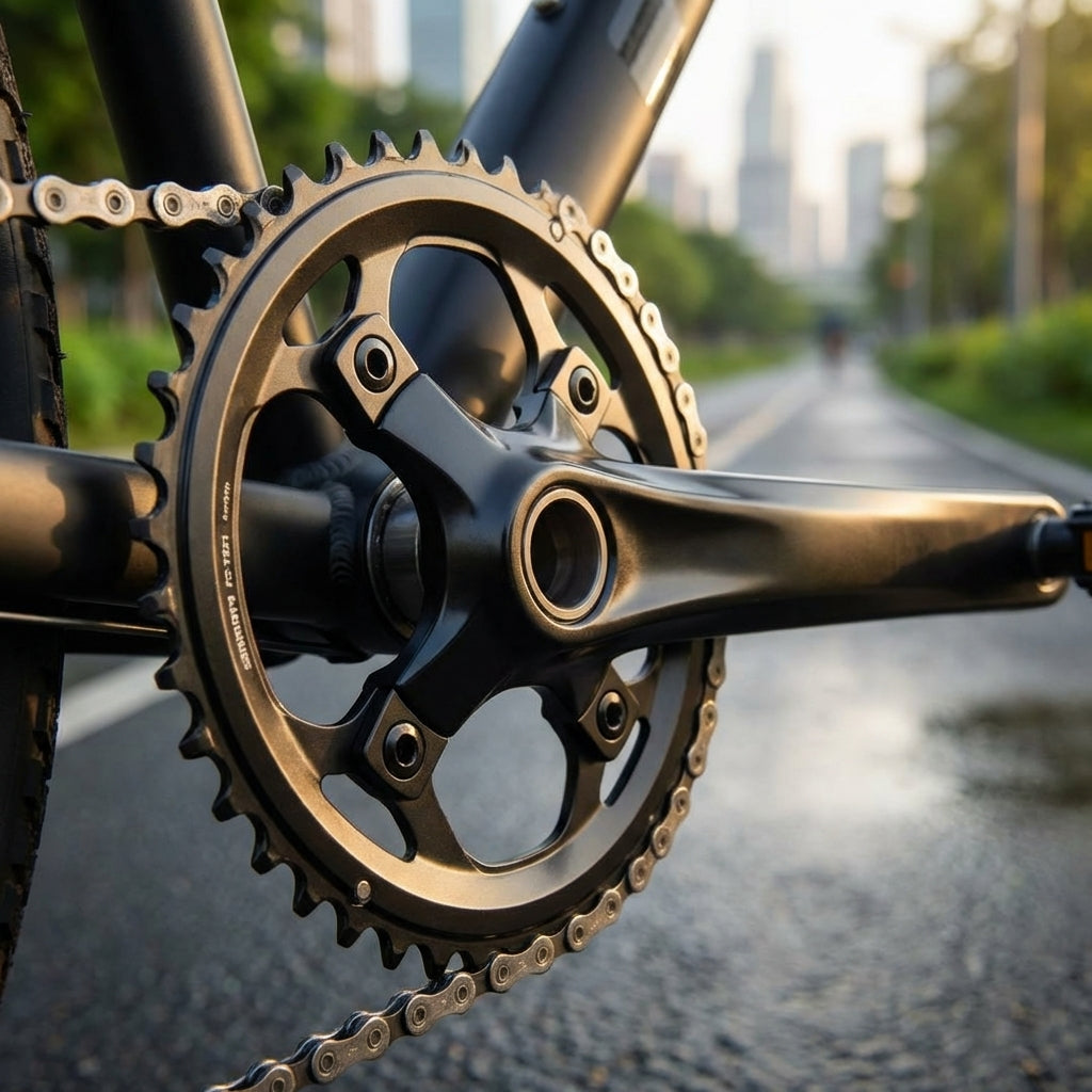 SHIMANO FC-T521 44 Zähne Kettenblatt und Kurbel an einem Fahrrad auf einem asphaltierten Weg.
