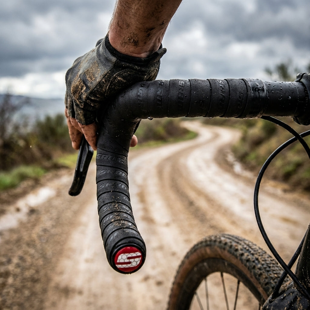 Komfortables SRAM SuperCork Lenkerband schwarz am schlammigen Fahrradlenker, von Hand gehalten auf Gravel-Piste.