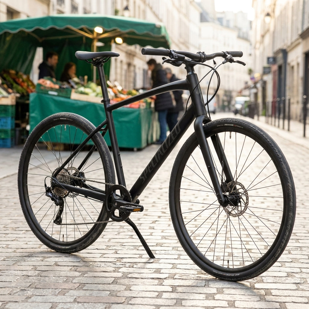 Schwarzes Specialized Sirrus Fahrrad mit Center Mount Kickstand Mittelbauständer auf Kopfsteinpflaster.